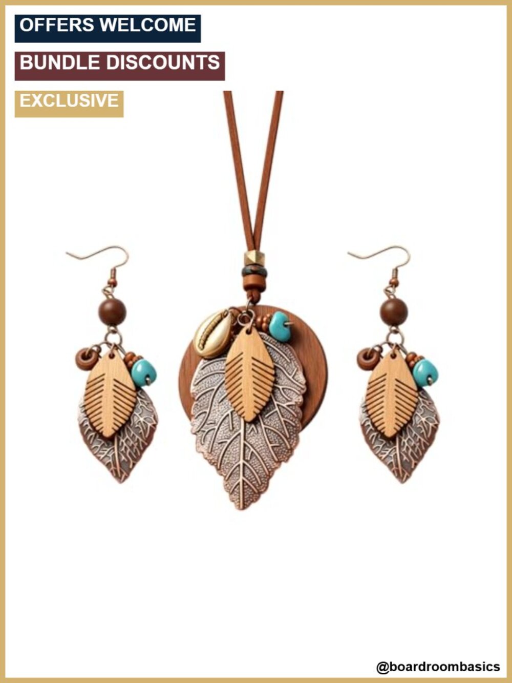 Wood Leather Necklace Set Boho Stack Disc Hemp Rope Bronze Pendant Leaf Earrings